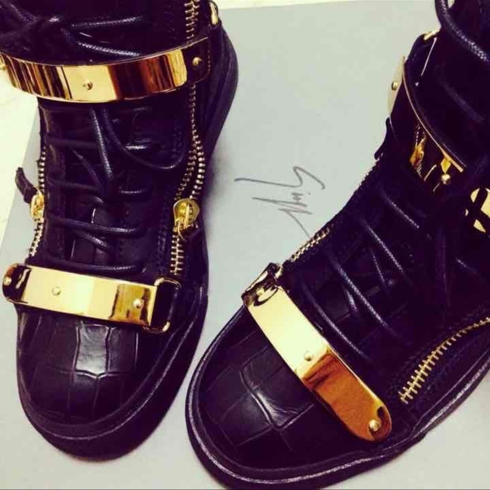 Giuseppe Zanotti Designer Black and Gold High-Top Sneakers